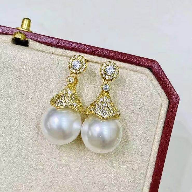 DIY配件天然珍珠S925纯银时尚锆石小喇叭耳钉空托配12-14mm圆珠