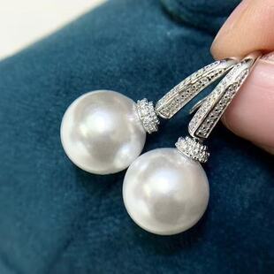 配8 12mm圆椭珠 锆石简单耳钩空托 DIY配件天然珍珠S925纯银时尚