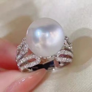 14mm圆珠 DIY配件天然珍珠S925纯银时尚 新款 锆石戒指空托 配13