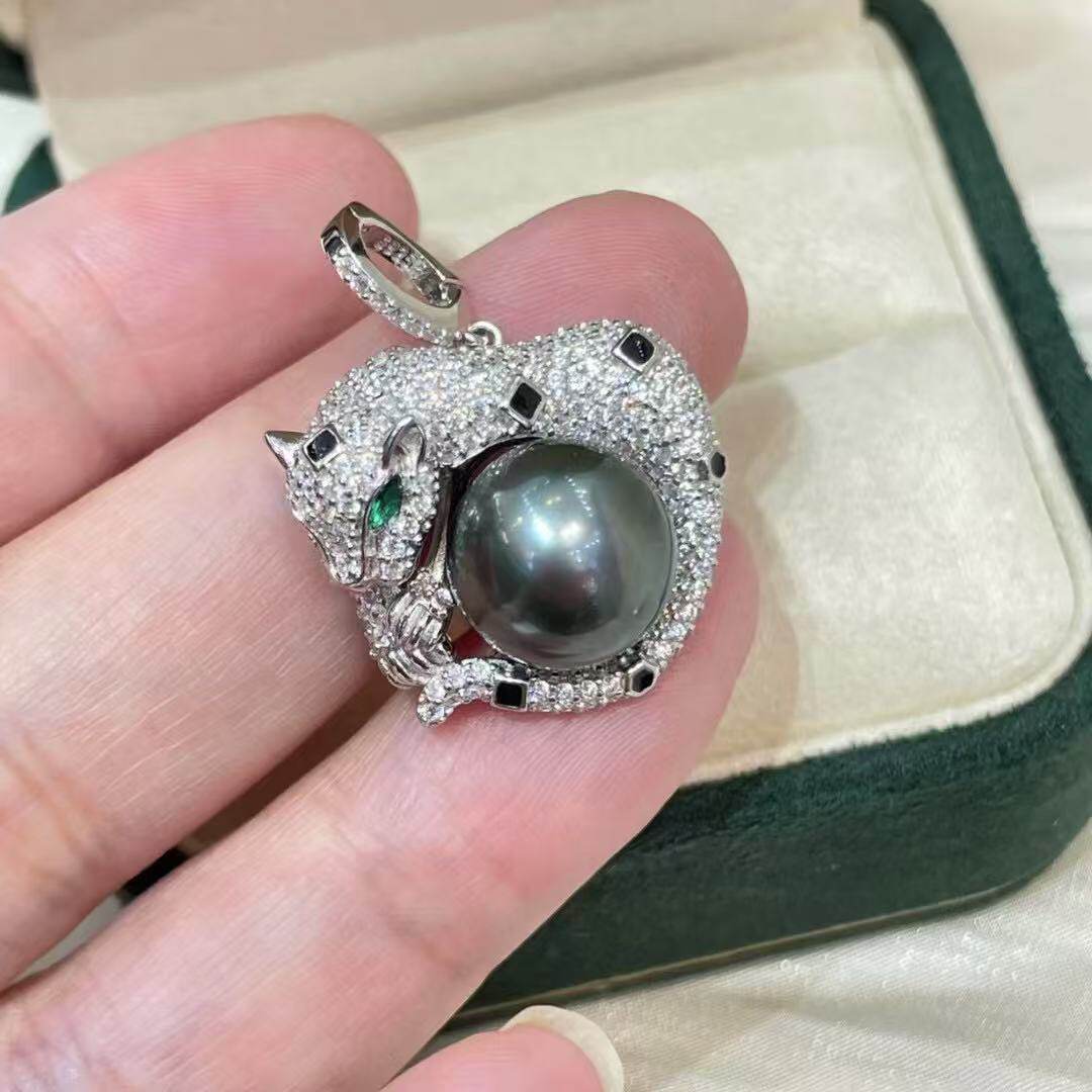 DIY配件天然珍珠S925纯银K金工艺万能扣豹子吊坠空托12-13mm圆扁图片