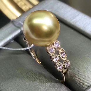 DIY配件 S925纯银戒指空托 复古双排款金色大珍珠女厚镀18k金指环