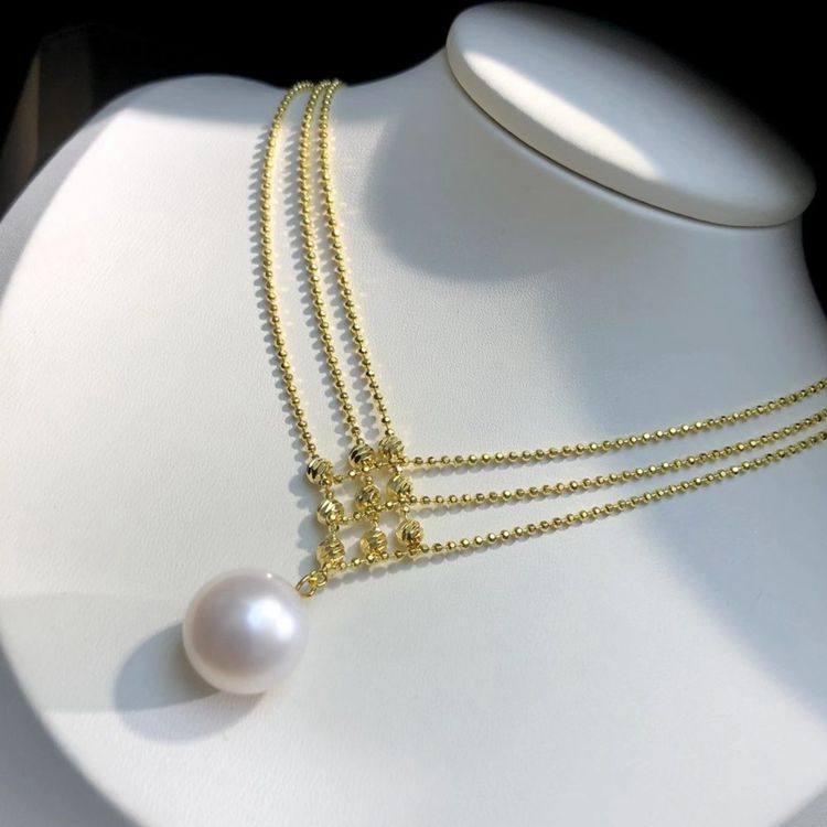 DIY配件天然珍珠 S925纯银镀金款时尚一体套链空托配8~15mm圆椭珠