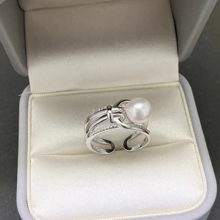 DIY配件天然珍珠S925纯银时尚个性款调节戒指空托 配7-10mm圆珠