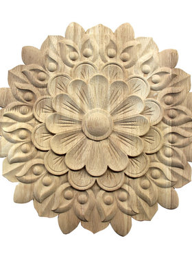 东阳木雕实木圆形雕贴花藏式浮雕天然橡胶木墙装饰木板实地花格片