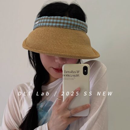 DLT Lab丁老头2025新品ins草编格子空顶帽海边沙滩防晒遮阳帽子女