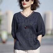 夏两件套品牌贵夫人阔太太高端 中年妈妈素订棉麻新款 棉麻大码 套装