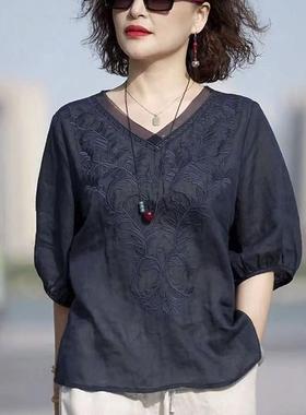 棉麻大码套装中年妈妈素订棉麻新款夏两件套品牌贵夫人阔太太高端