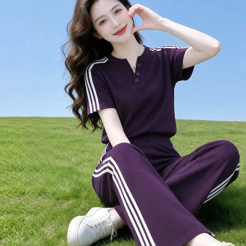 大码时尚运动服套装女装2026夏季新款韩版跑步服宽松妈妈装两件套