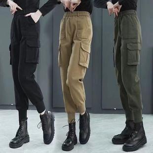 裤 搭配马丁靴束脚裤 女春秋新款 冬季 小个子休闲哈伦裤 加绒高腰工装