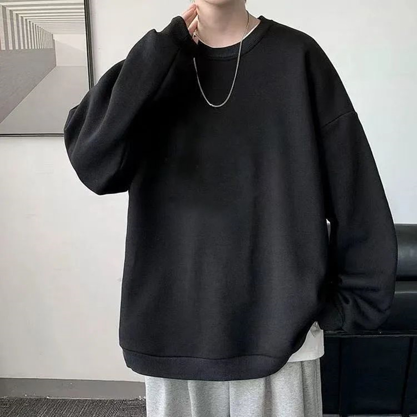 美式港风日系复古重磅100%纯棉圆领卫衣男秋冬款宽松纯色加绒上衣