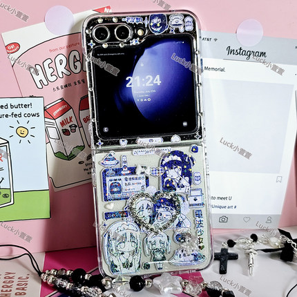 可爱漫画风女奴电波少女三星zflip7/6滴胶折叠手机壳oppoN3华为puraX/nova少女vivoX荣耀V小米mixflip/moto50