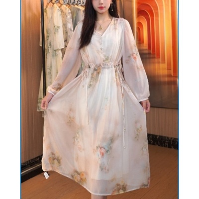 运费补贴（雾里看花）2025年蚕丝扎染印花高腰显高显瘦气质连衣裙