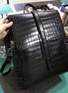 高档鳄鱼皮双肩背包真皮黑色质感抽带旅行商务出差男包男士纯皮