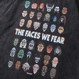 2024男式嘻哈街头服饰T恤Scary Faces图案水洗黑色T恤棉质宽松短
