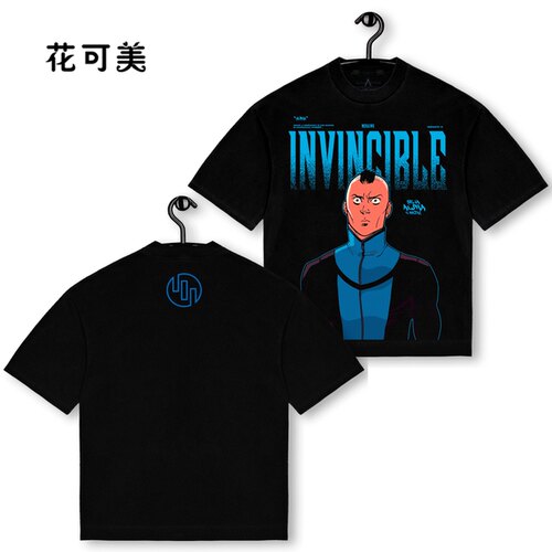 花可美蓝色invincible日系动漫水洗纯棉男上衣百搭宽松棉T