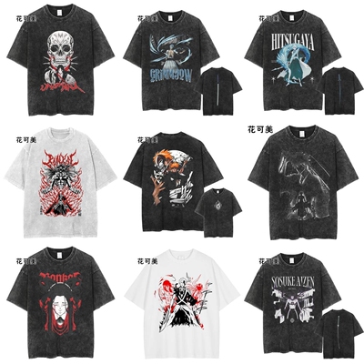 跨境BLEACH复古水洗T恤动漫斩魂之刃纯棉男棉夏季短袖T恤男女原宿