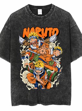 原宿街头服饰水洗火影忍者动漫T恤Naruto纯棉男夏季短袖复古做旧T