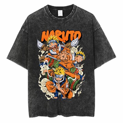 原宿街头服饰水洗火影忍者动漫T恤Naruto纯棉男夏季短袖复古做旧T