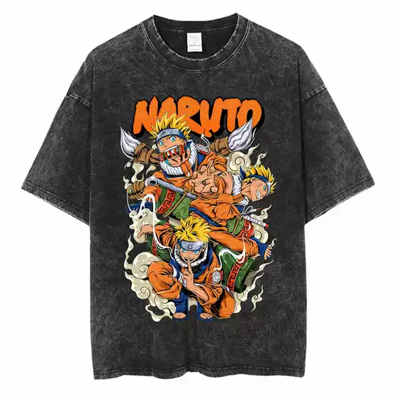 Harajuku Streetwear Washed Naruto Anime T-Shirt Naruto Pure Cotton Men's Summer Short-Sleeved Retro Distressed T-Shirt