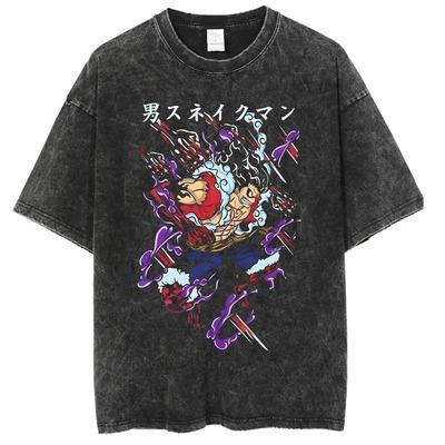 欧美大码纯棉水洗做旧复古海贼王ONE PIECE动漫卡通风格酸洗T恤