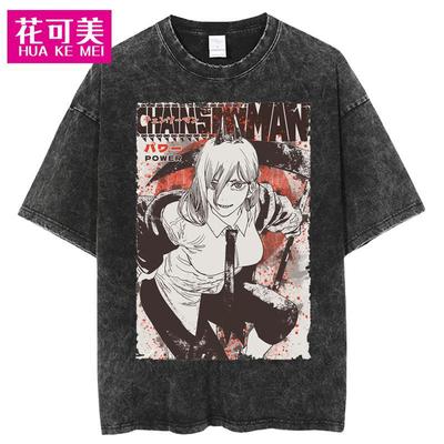 跨境Chainsaw man男士嘻哈复古水洗大号动漫T恤女士街头纯棉T恤