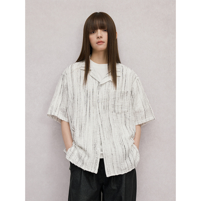 LR MADE 25SS 烧花破坏 条纹肌理印花 复古廓形古巴领短袖衬衫