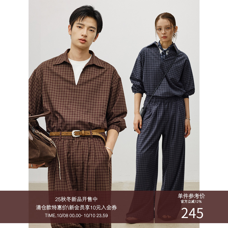 LR MADE 25AW 慵懒感V领 居家休闲格纹套装 抗皱套头长袖格子衬衫