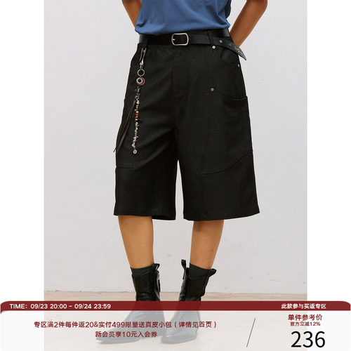 LR MADE 26SS 弧形双袋 错综破缝 铆钉点缀 花纱休闲TR短西裤