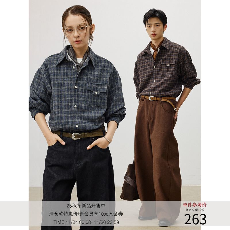 LR MADE 25AW T形袋盖 重磅羊毛 复古氛围感格纹磨毛长袖格子衬衫