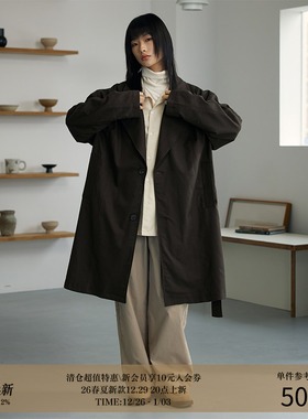 LR MADE 23AW 莱赛尔羊毛混纺 简约飘带廓形磨毛感平驳领长款大衣