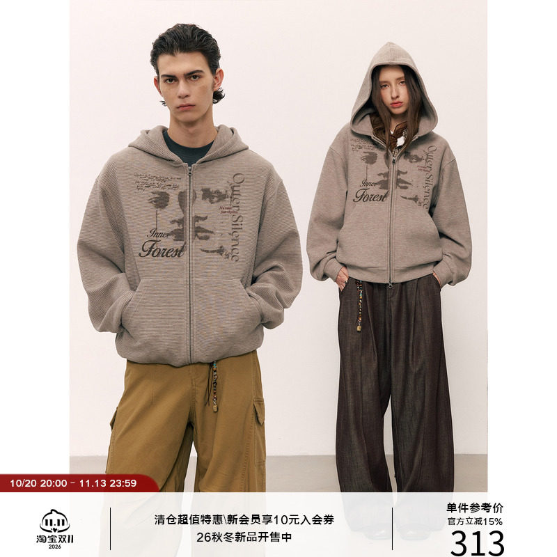 LR MADE 26AW 做旧华夫格肌理 虚幻人脸数码印花拉链连帽卫衣外套