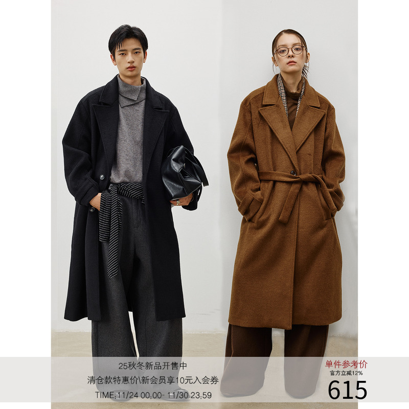 LR MADE 25AW 重磅羊毛 系带长款 戗驳领切斯特通勤大衣毛呢外套