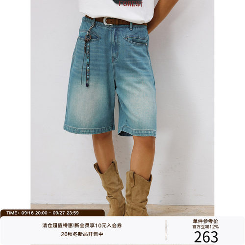 LR MADE 26SS 前后异形袋口 铆钉装饰 复古洗水做旧 牛仔六分短裤