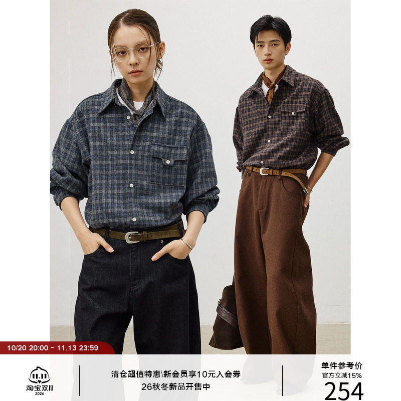 LR MADE T形袋盖 重磅羊毛 复古氛围感格纹磨毛长袖格子衬衫