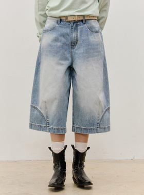 LR MADE 26SS 浅蓝洗水 裤口破缝解构拼接 无侧缝复古牛仔七分裤