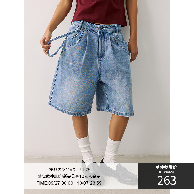 LR MADE 25SS 可拆卸裤带 冰蓝洗水做旧 休闲廓形五分牛仔短裤
