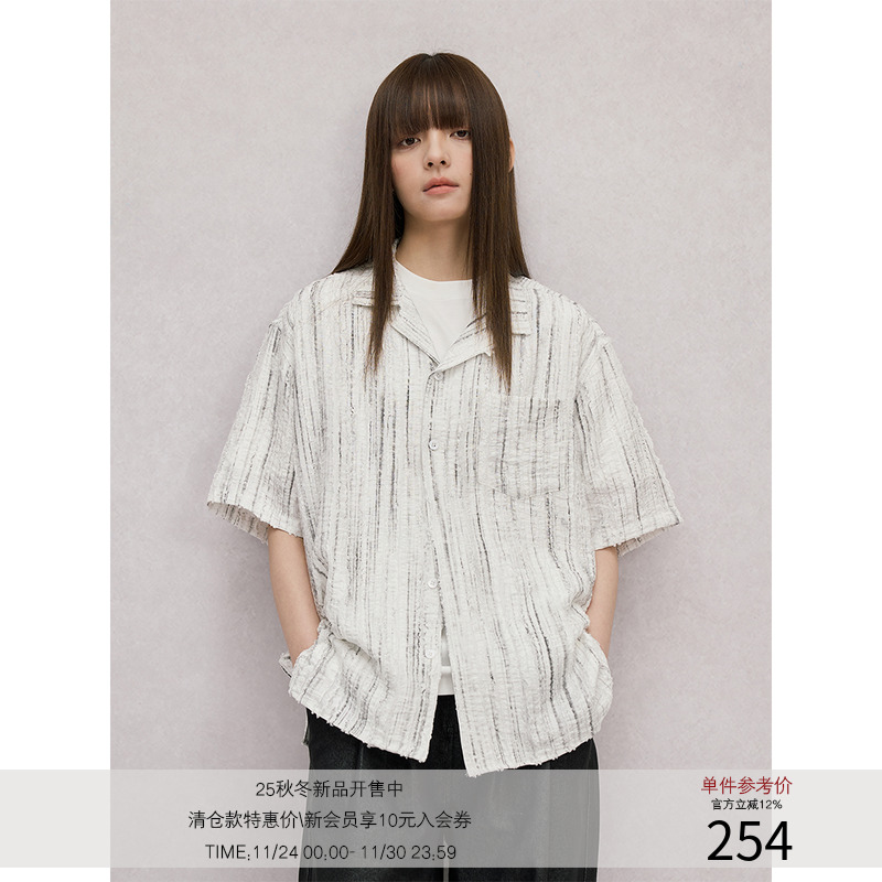 LR MADE 25SS 烧花破坏 条纹肌理印花 复古廓形古巴领短袖衬衫