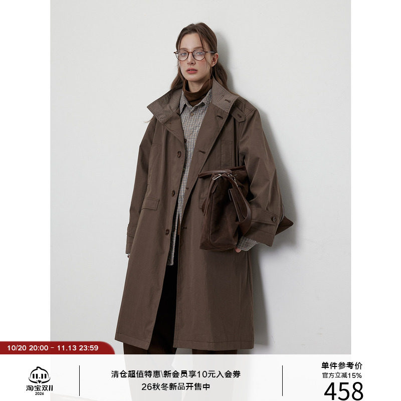 LR MADE 复古立领撞色格纹 慵懒廓形 中长款A字型风衣外套