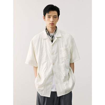 LR MADE 慵懒纱感 拼接肌理 休闲复古 宽松古巴领短袖衬衫