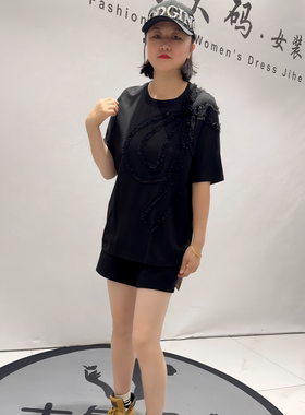 1253芮娜依莲春季新款欧货打底衫加大码女装胖妹妹重工休闲大T恤