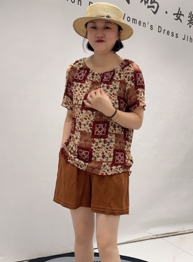 芮娜依莲5123夏季新款欧货短袖衫加大码女装胖妹妹宽松显瘦气质衫