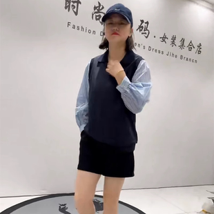 6036女权贵族初秋新品 加大 洋气螺纹针织领拼接泡泡袖 遮肉显瘦衬衫
