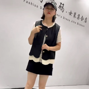 6112女权贵族初秋新品 女人味底边拼接系扣开衫 百搭显瘦马夹加大码