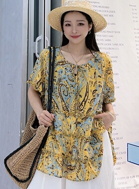 妃儿红6237夏季新款欧货减龄雪纺短袖衫加大码女装胖妹妹半袖上衣
