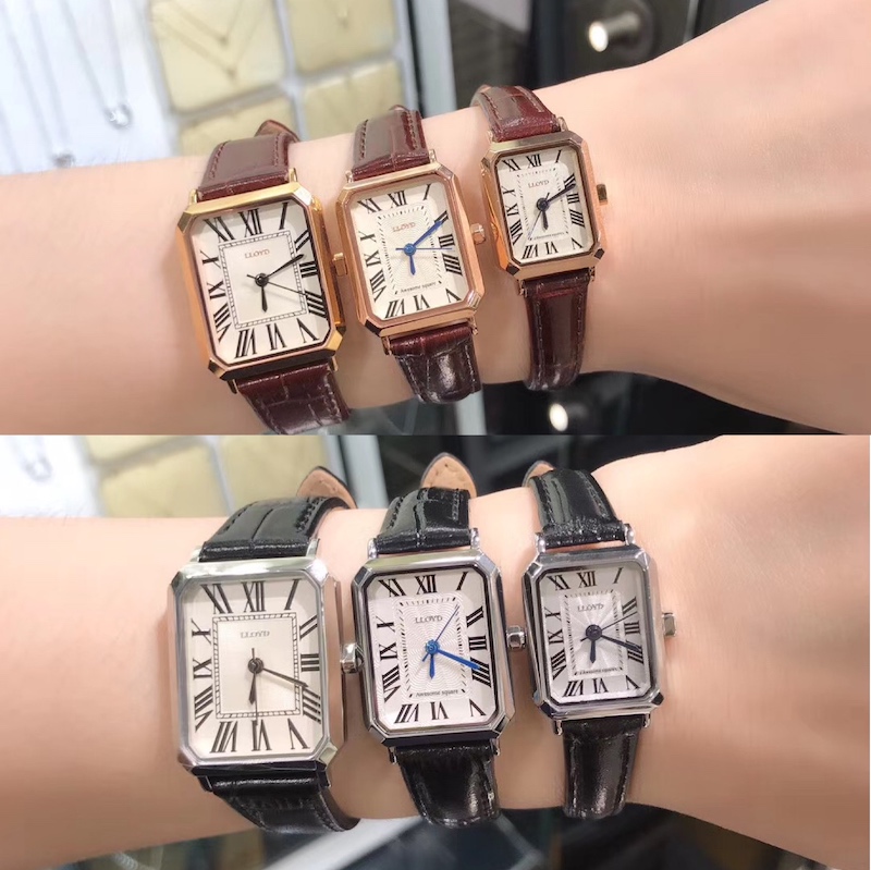 张欣议韩国直邮lloyd专柜代购长方蓝指针罗马字大中小真皮女腕表