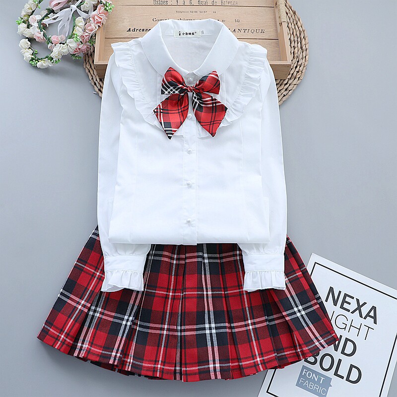 女童长袖衬衫纯棉中大童衬衣翻领女孩白色演出服儿童短裙洋气套装