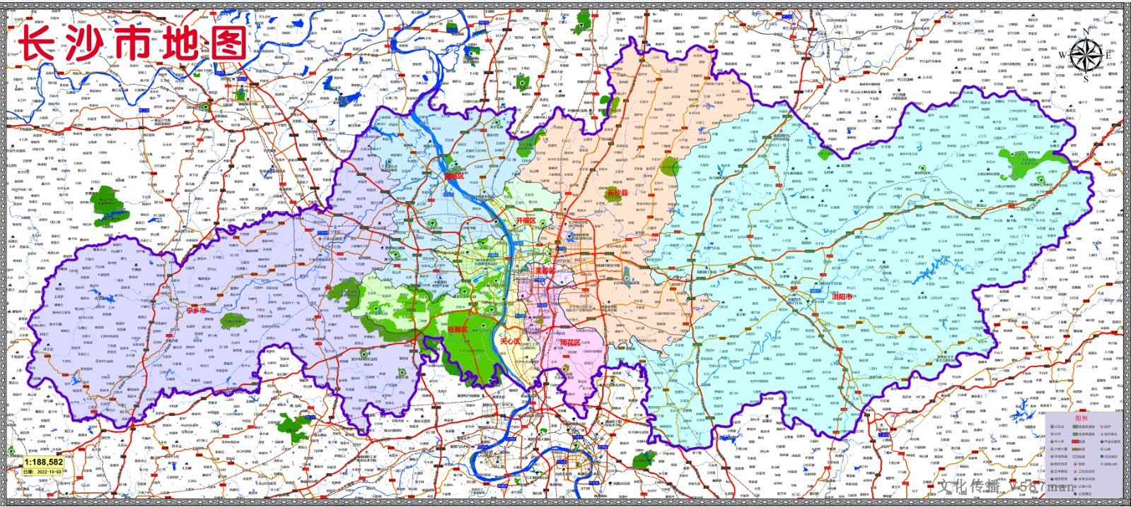2022年10月湖南长沙市行政地图宁乡浏阳市望城开福天心雨花岳麓区