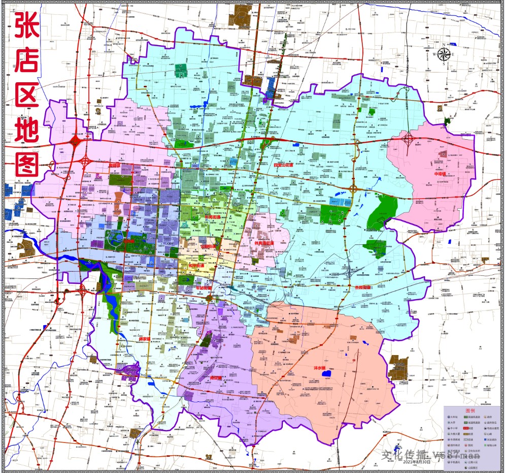 2021年8月山东淄博张店区百度版行政交通旅游乡镇村落分布地图