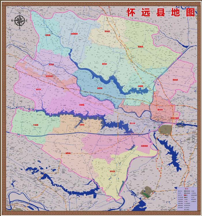 2019年安徽蚌埠怀远县百度版地图行政交通旅游乡镇地图140x150cm