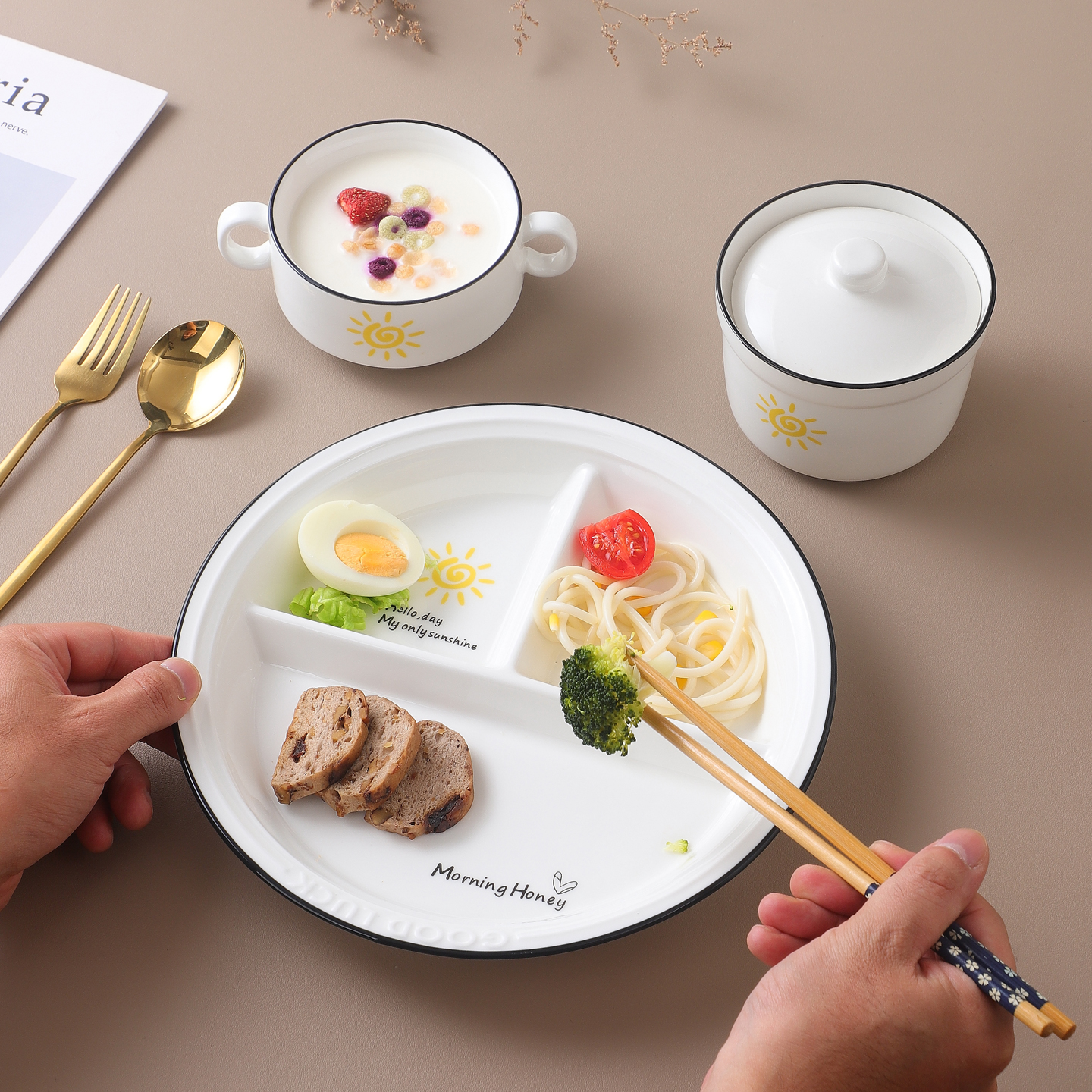 陶瓷分格餐盘食堂家用一人食